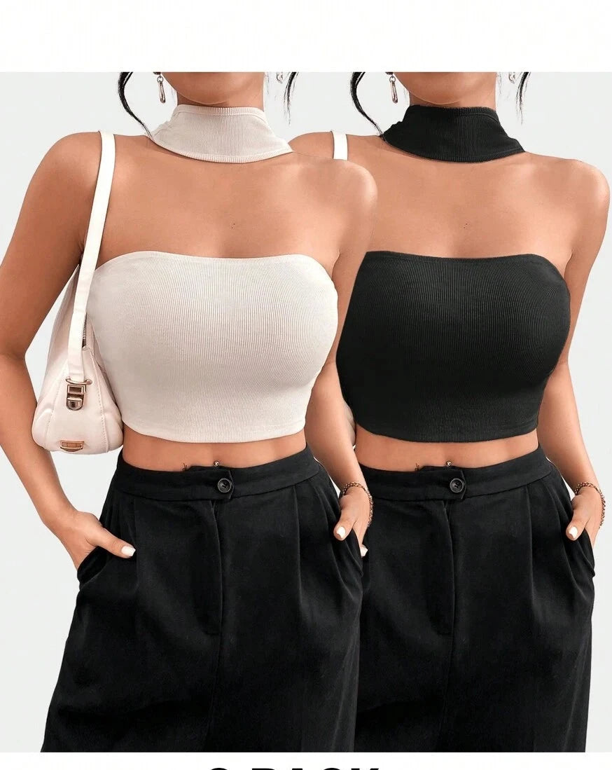 11180 A05-02  Tops Cortos De Verano De Mujer Para Cuello Halter Casual Acanalado