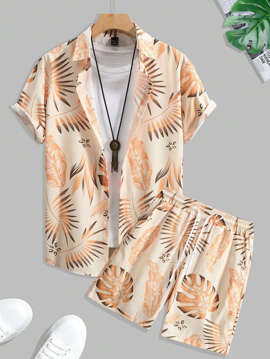 11643 2c-282 Conjunto De Camisa De Manga Corta Con Estampado Tropical Y Pantalones Cortos De Cintura Con Cordón Para Hombres
