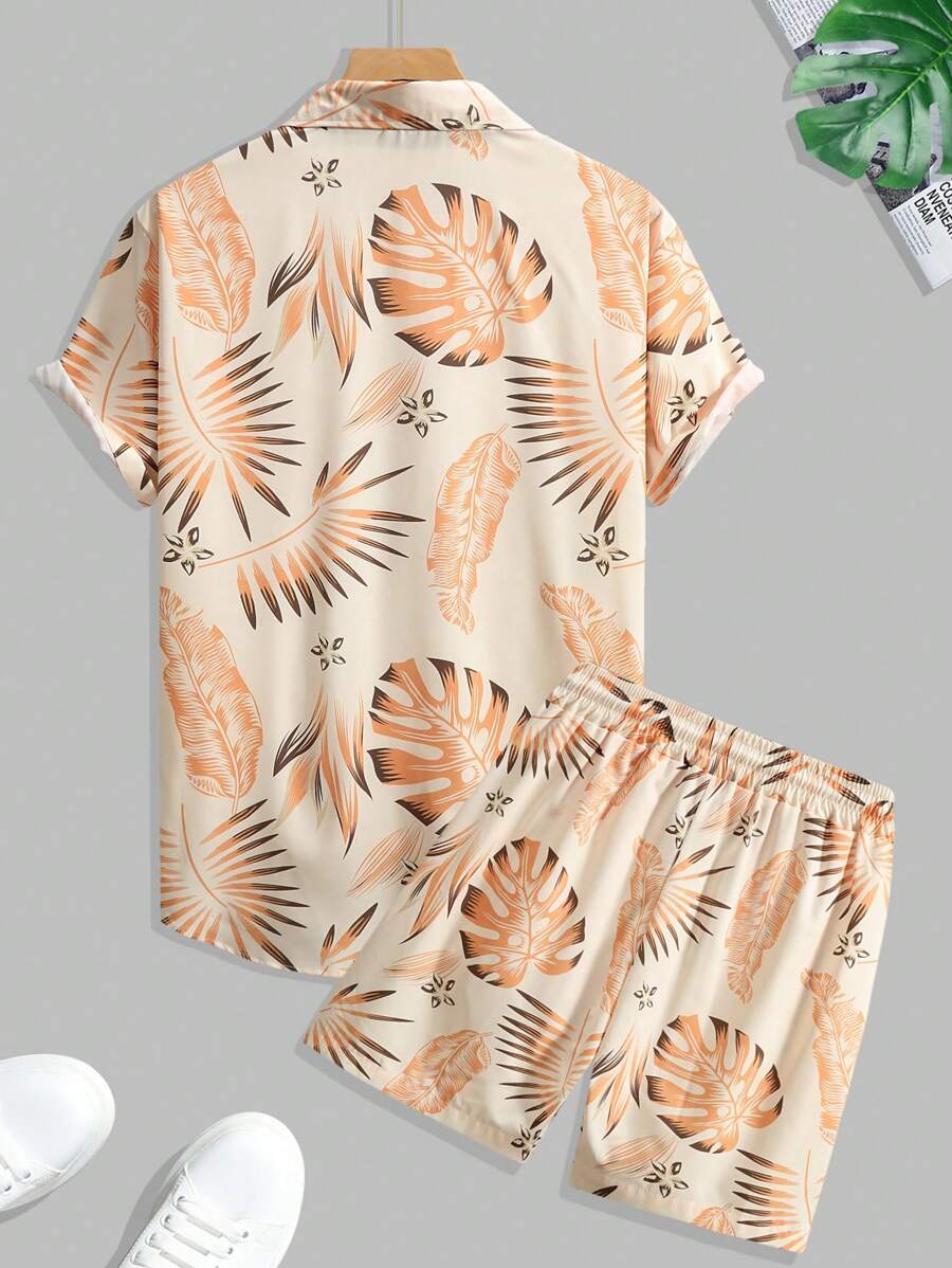 11643 2c-282 Conjunto De Camisa De Manga Corta Con Estampado Tropical Y Pantalones Cortos De Cintura Con Cordón Para Hombres