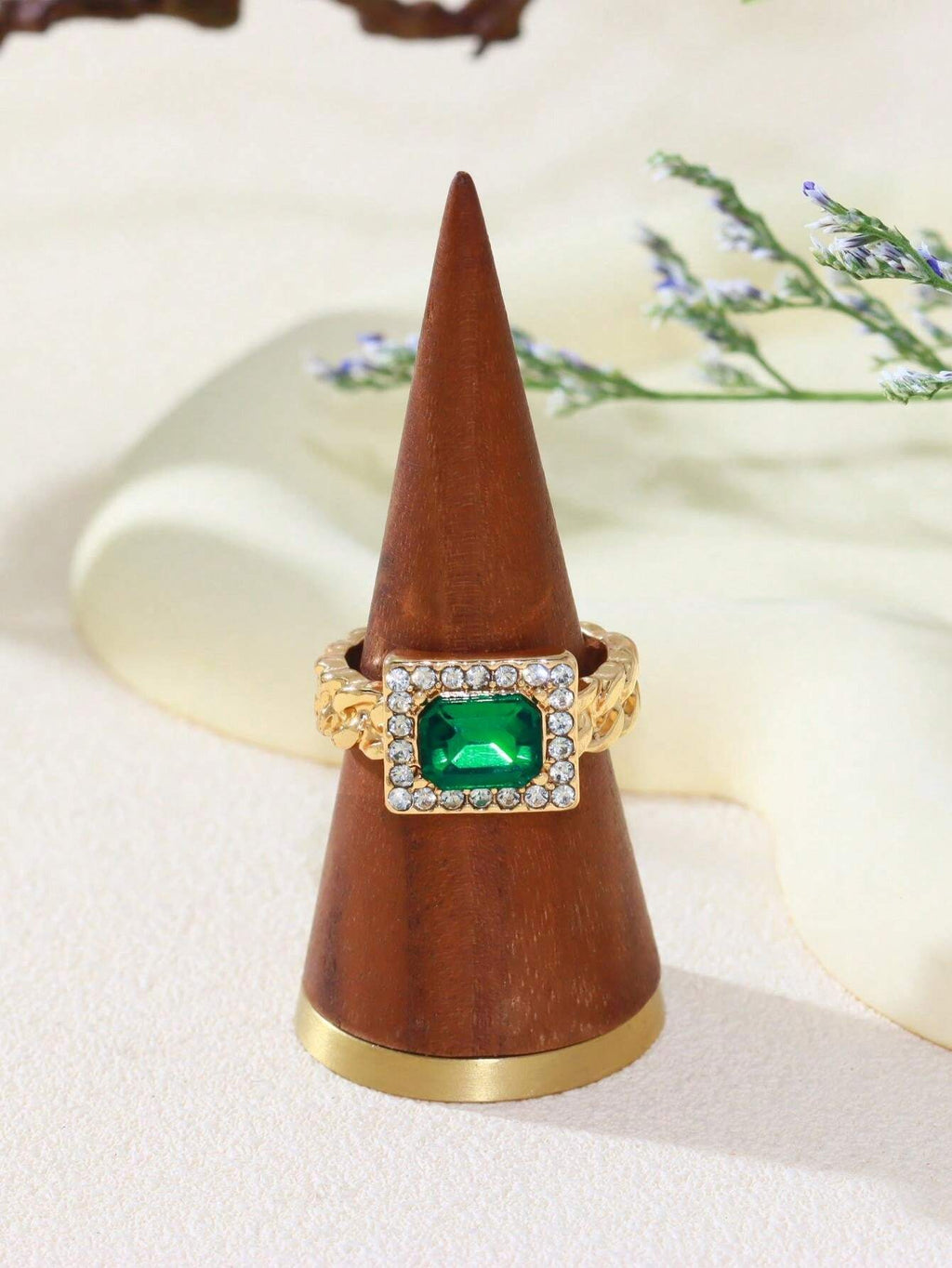 10620 1b-074 Anillo Estilo Cadena Cuadrada Verde
