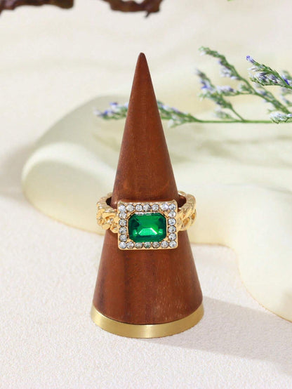 10620 2b-01-06 Anillo Estilo Cadena Cuadrada Verde