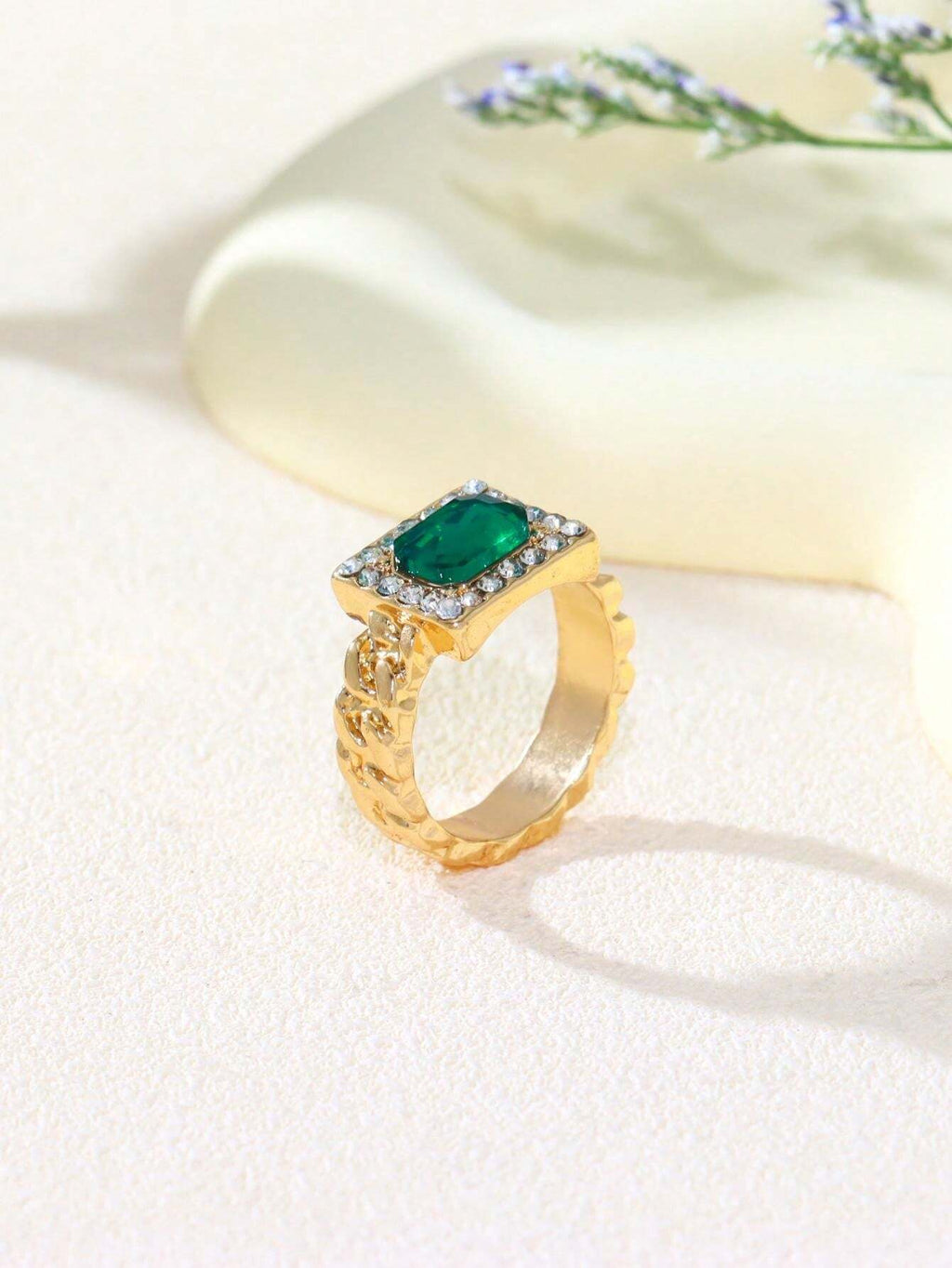 10620 1b-074 Anillo Estilo Cadena Cuadrada Verde