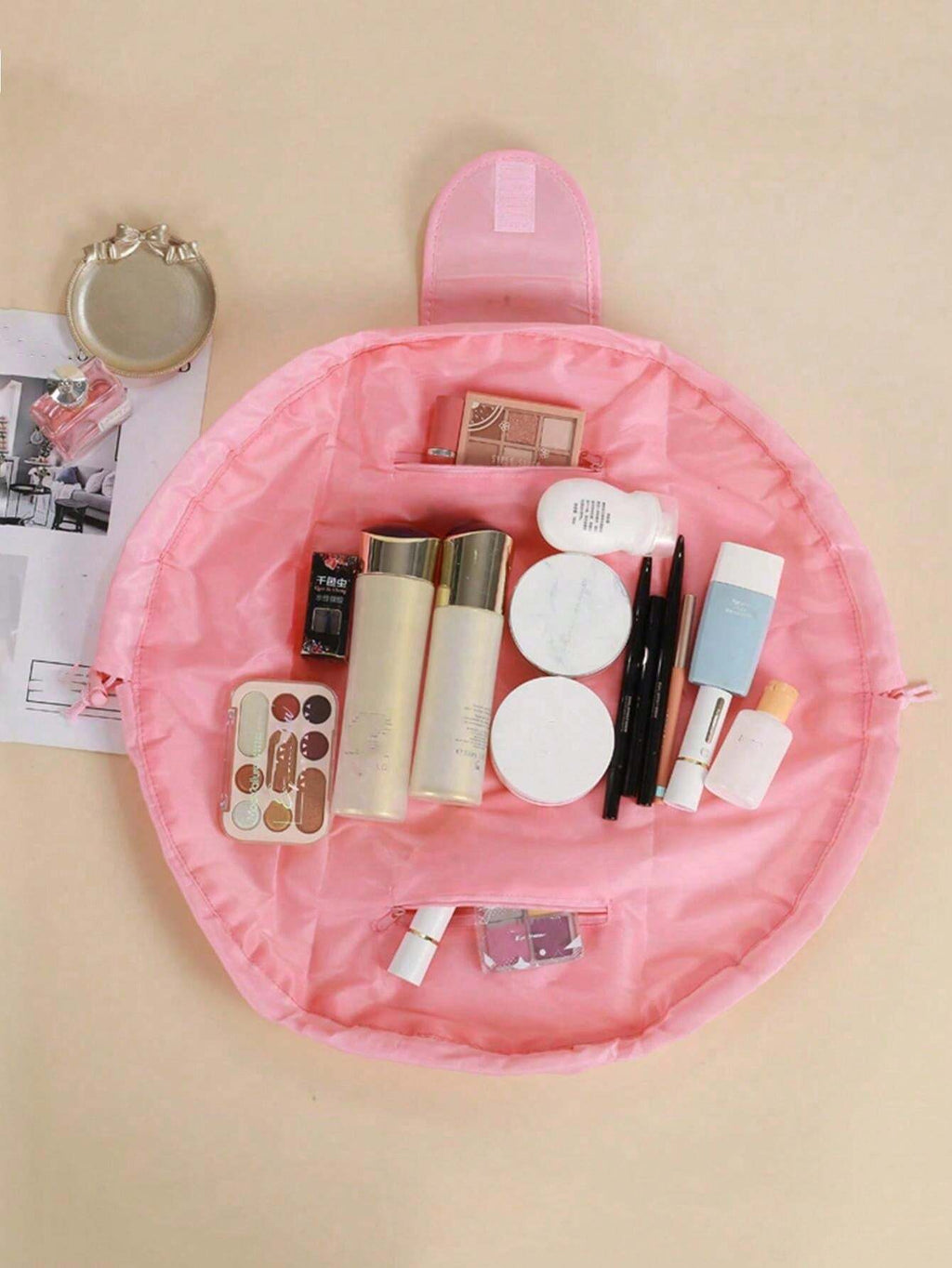 14801 1c-025 Bolsa de maquillaje cosmética rosa organizadora de artículos de tocador con cordón