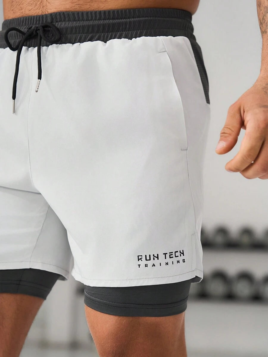 11560 1a-005 Pantalones Cortos Deportivos Para Hombre Con Cintura Ajustable Y Estampado De Letra En Bloque De Colores