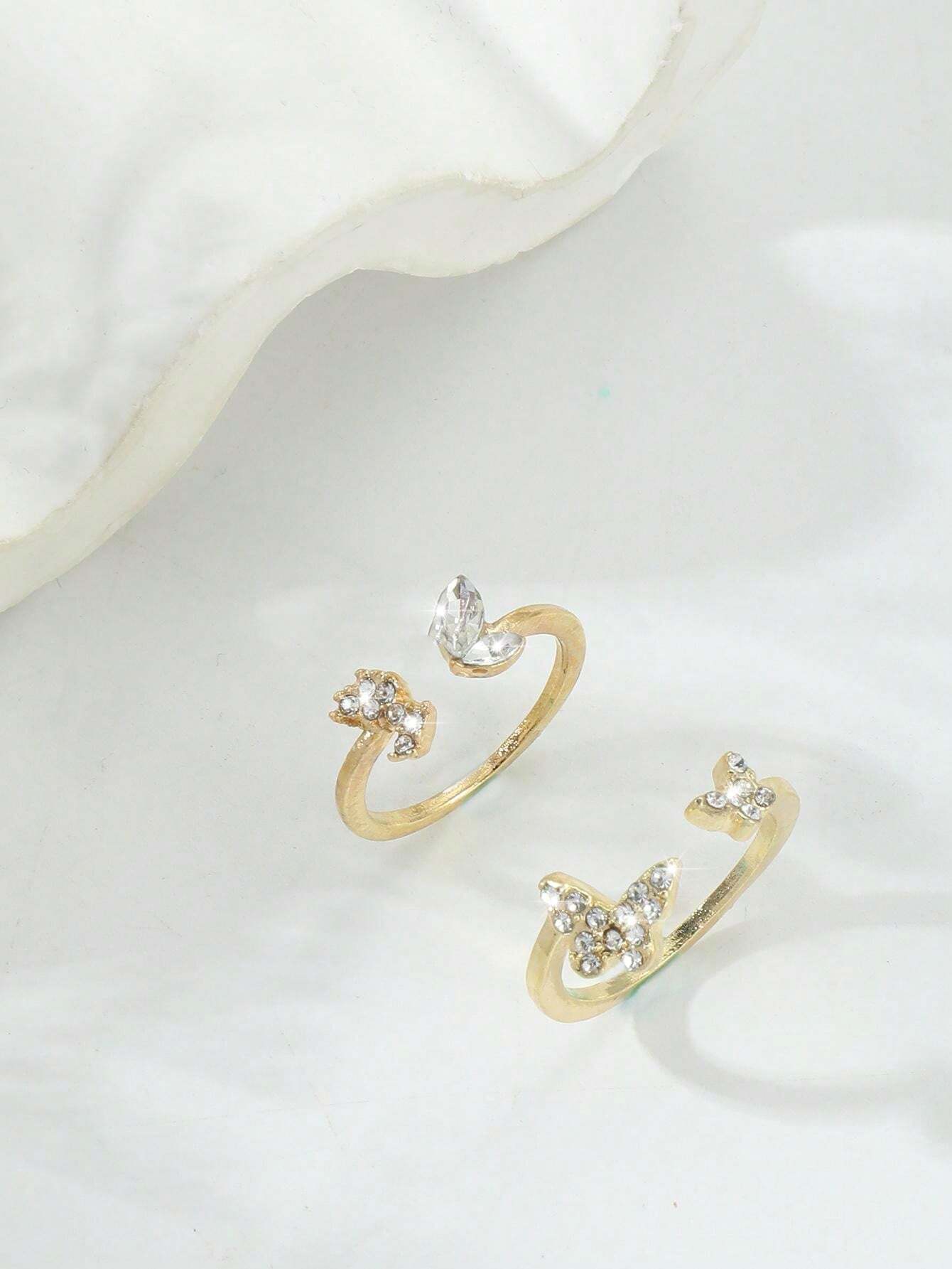 11255 1b-073 2 Piezas Conjunto De Anillos De Dedo Del Pie De Diseño Moderno De Mariposa Y Hoja Con Incrustaciones De Diamantes De Imitación