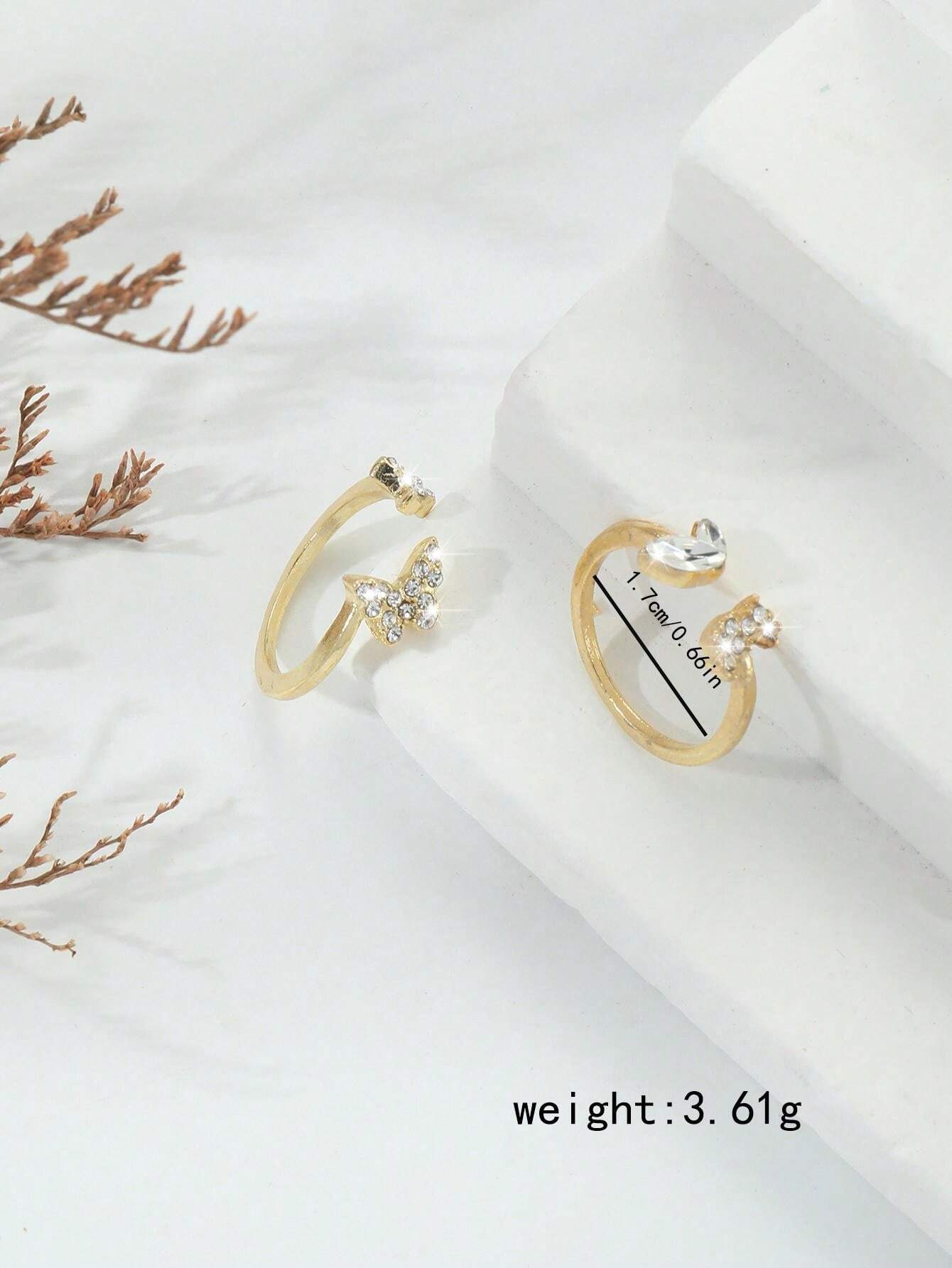 11255 1b-073 2 Piezas Conjunto De Anillos De Dedo Del Pie De Diseño Moderno De Mariposa Y Hoja Con Incrustaciones De Diamantes De Imitación