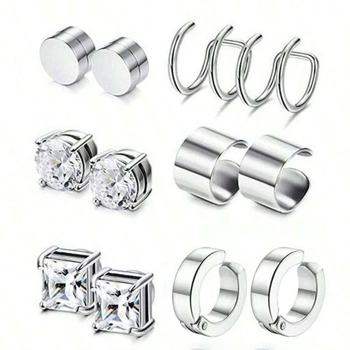 11363 B03-07  Deslumbrante Conjunto De 6 Pares De Aretes De Acero Inoxidable Sin Perforaciones Y Un Clip De Oreja De Moda Punk. Clip Magnético Para La Oreja. Perfecto Para La Novia