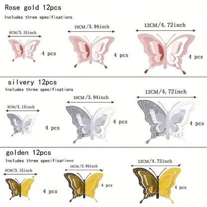 11755 1b-046 Juego De 12 Pegatinas De Pared De Mariposa 3d Metálicas Con Corte Hollow-out