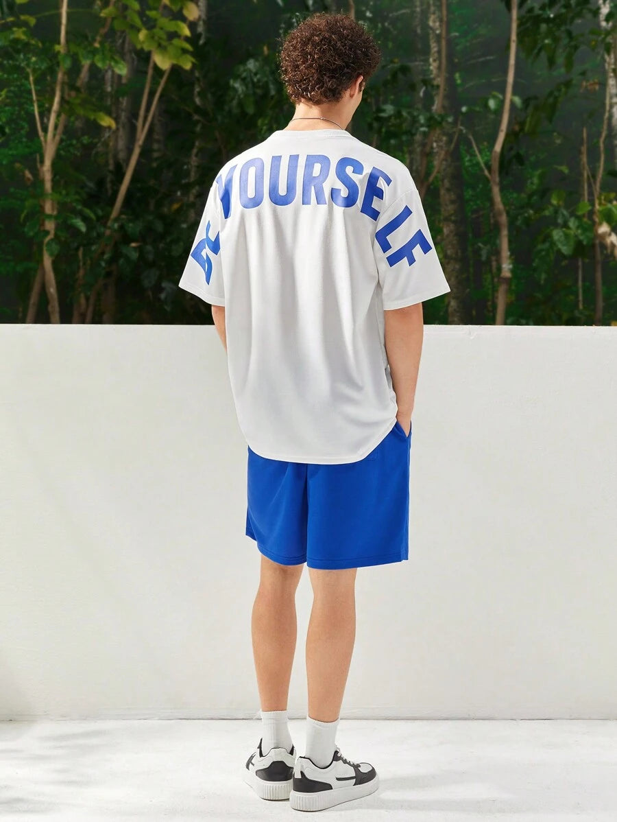 12091 2c-282 Camiseta Con Hombros Caídos Y Estampado De Alfabeto Para Hombre