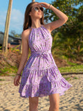 15843 1t-007 Vestido casual de cuello halter con diseño floral tejido