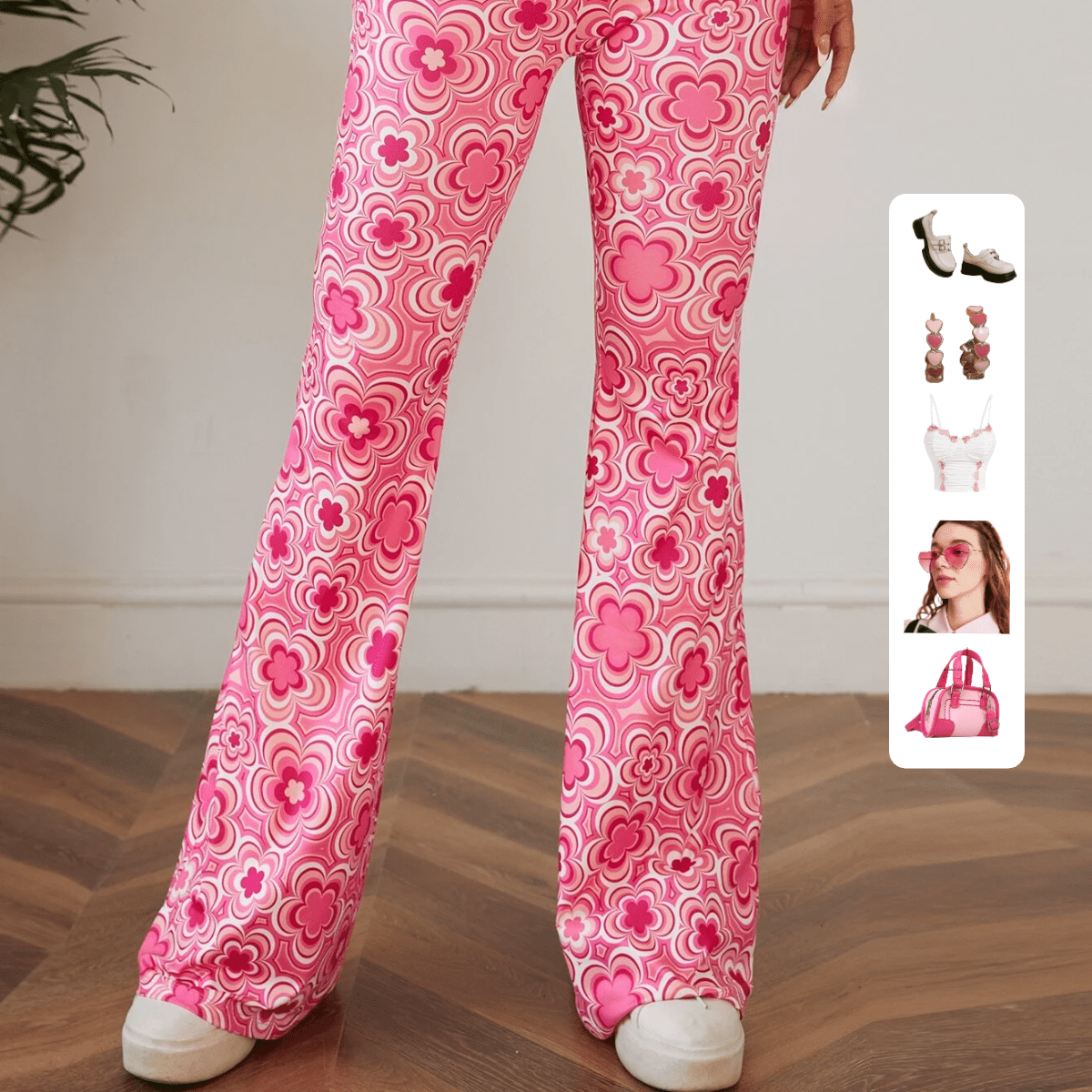 11644 1a-117 Pantalones De Pierna Acampanada Y Estampado Floral De Flores Rosadas