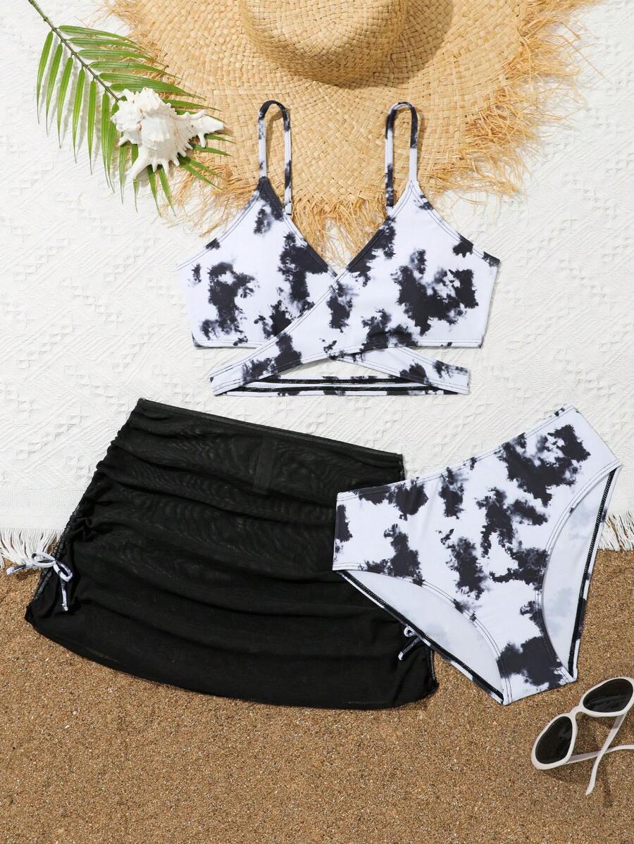 15849 2a-03-26 Conjunto de bikini con estampado tie-dye 3 piezas