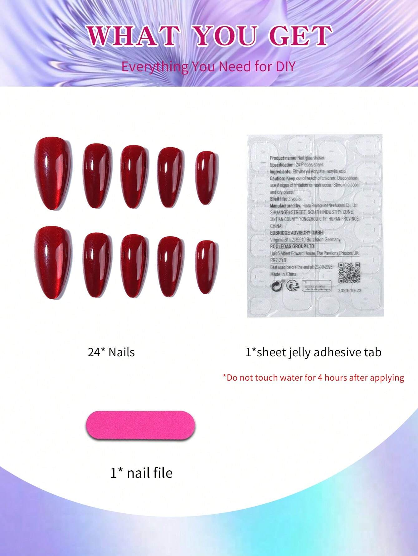 18169 1b-051 Uñas postizas de acrílico rojo 24 Pzas