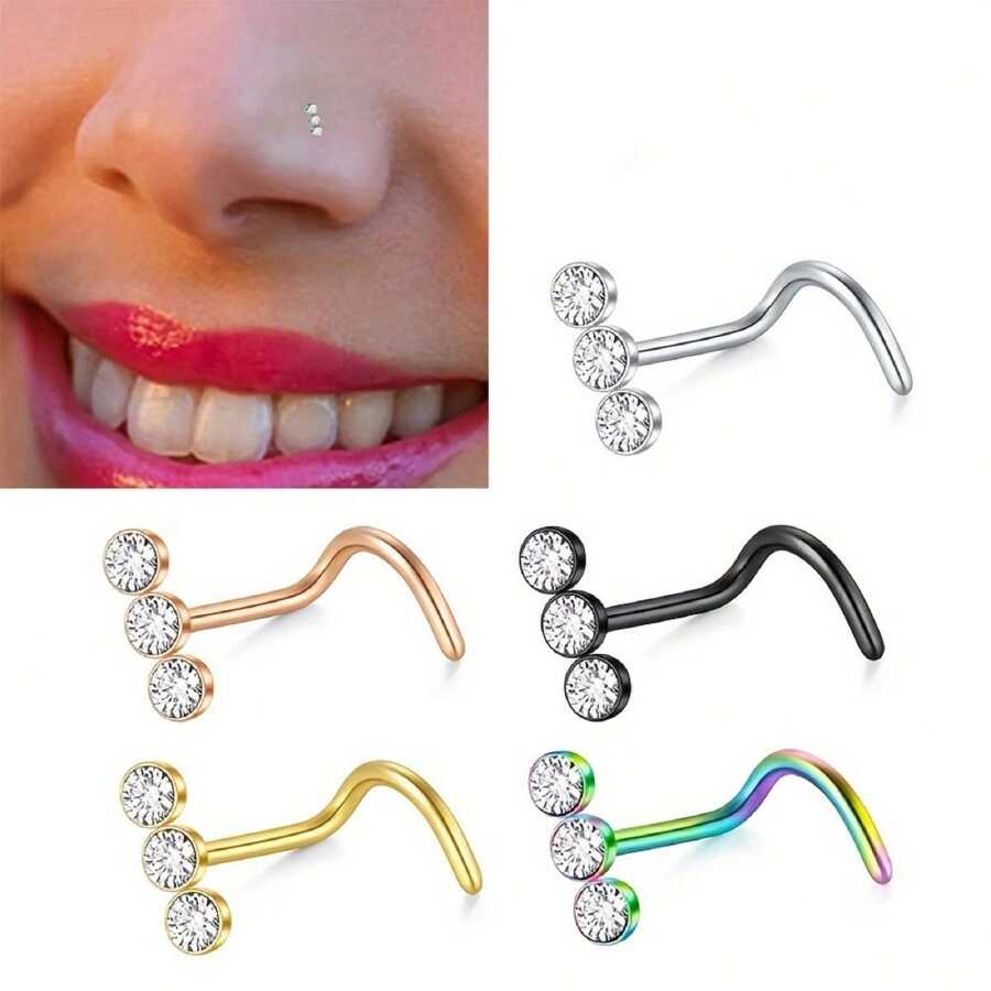15297 1b-052 1 piercing simple de nariz en acero inoxidable con aro y tres diamantes con barra curvada