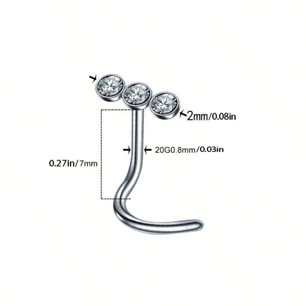 15297 1b-052 1 piercing simple de nariz en acero inoxidable con aro y tres diamantes con barra curvada