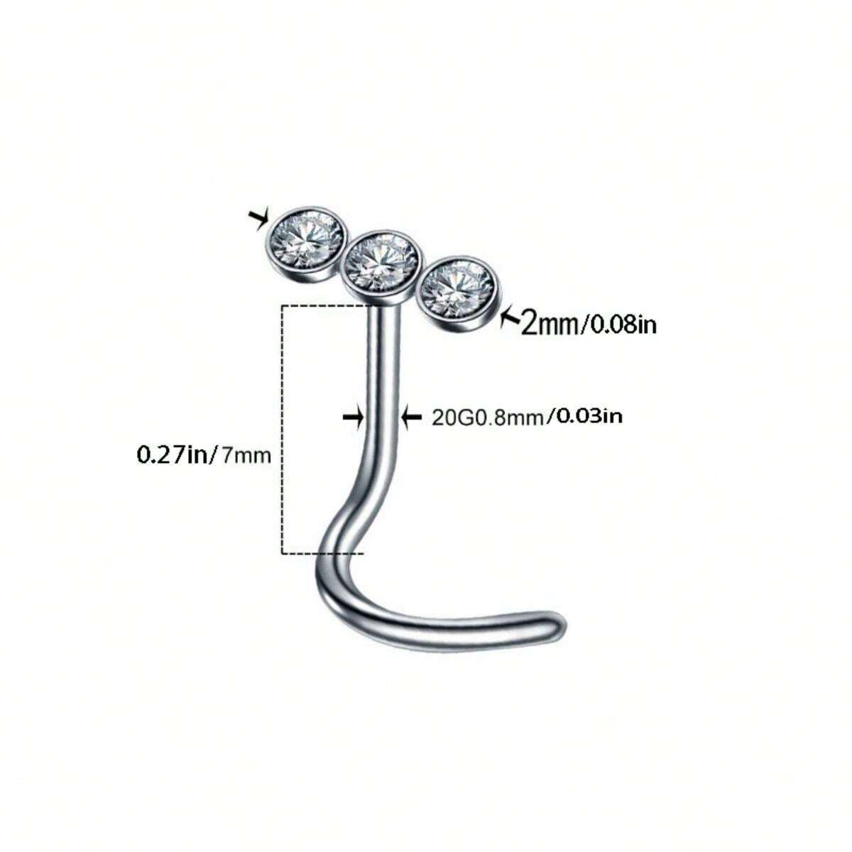 15297 1b-052 1 piercing simple de nariz en acero inoxidable con aro y tres diamantes con barra curvada