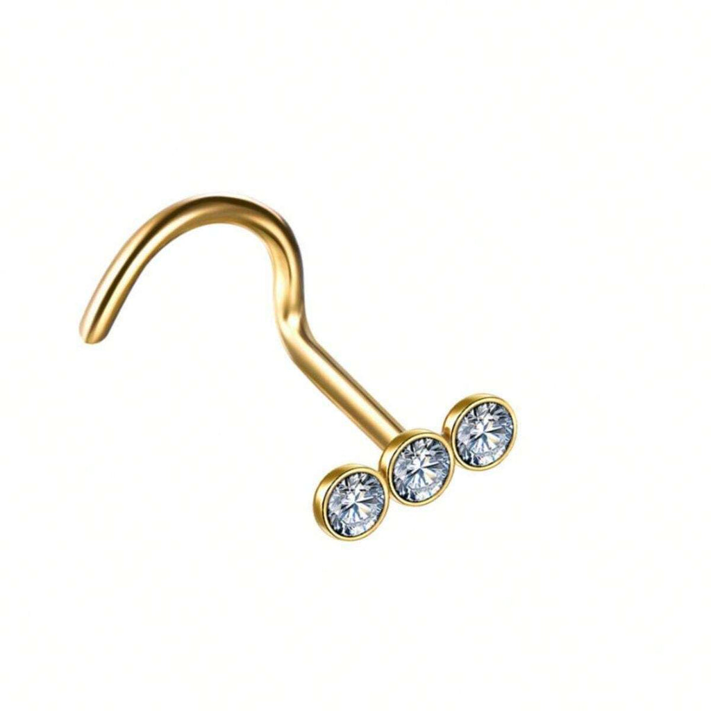 15297 1b-052 1 piercing simple de nariz en acero inoxidable con aro y tres diamantes con barra curvada