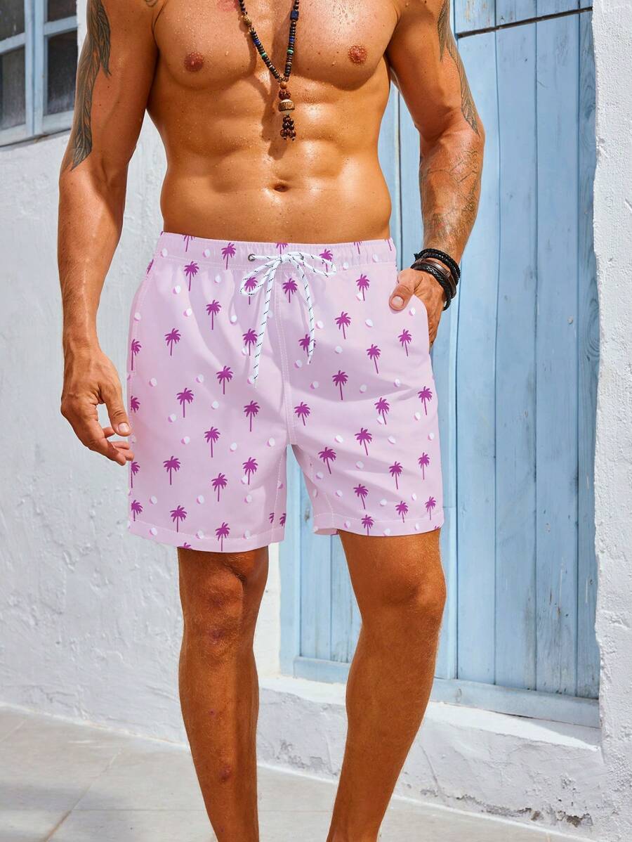 13888 1t-006 Bermudas de playa con diseño impreso de árbol de coco