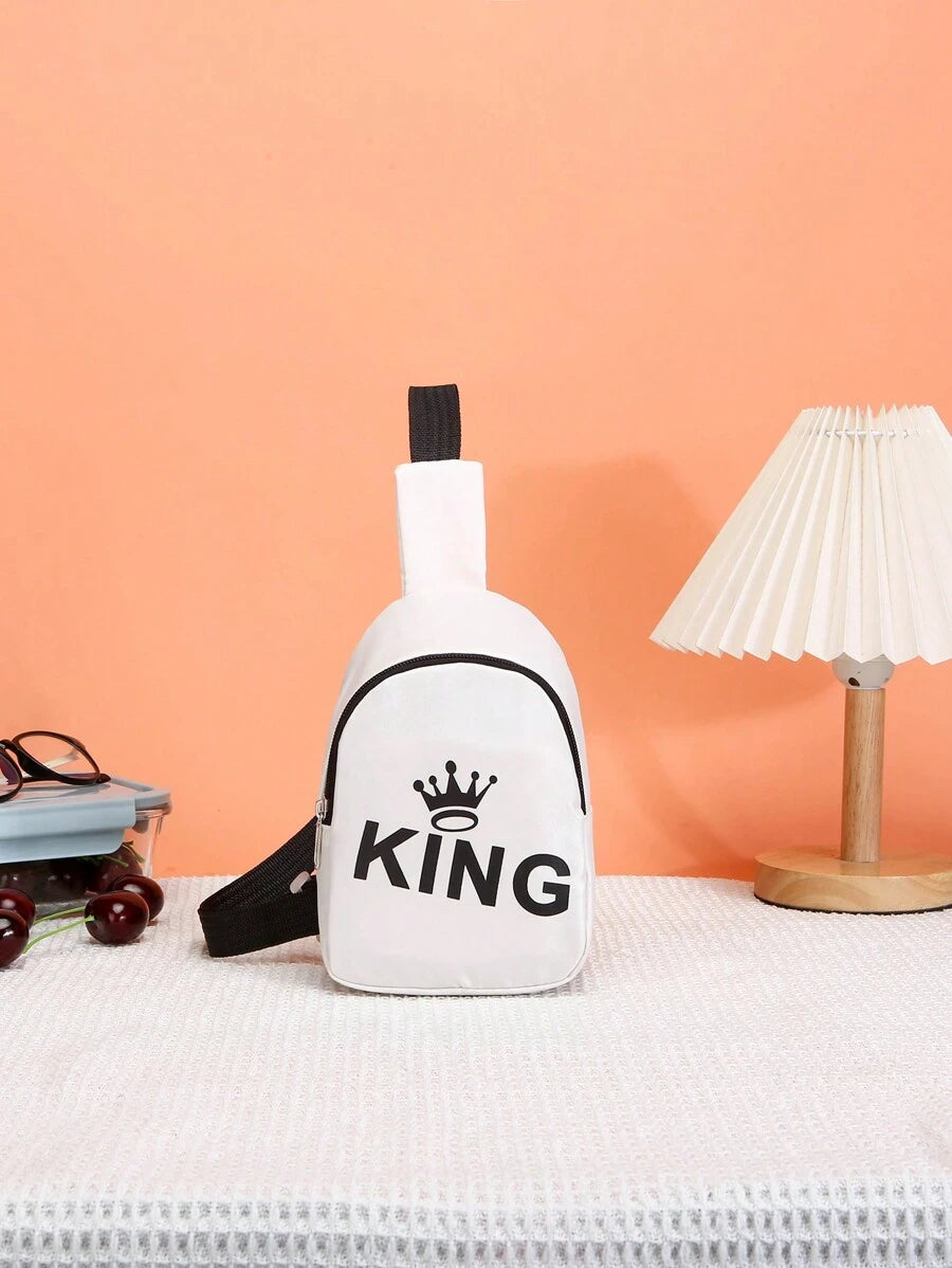 14599 1a-031 Bolso de pecho con patrón de letra de corona y cierre de cremallera