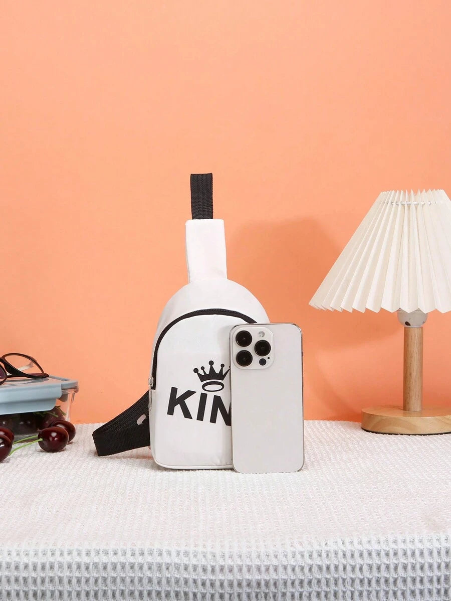 14599 1a-031 Bolso de pecho con patrón de letra de corona y cierre de cremallera