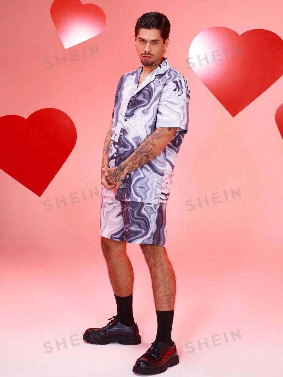 13875 1t-009 Conjunto de camisa con estampado de mármol y pantalones cortos con cintura ajustable con cordón
