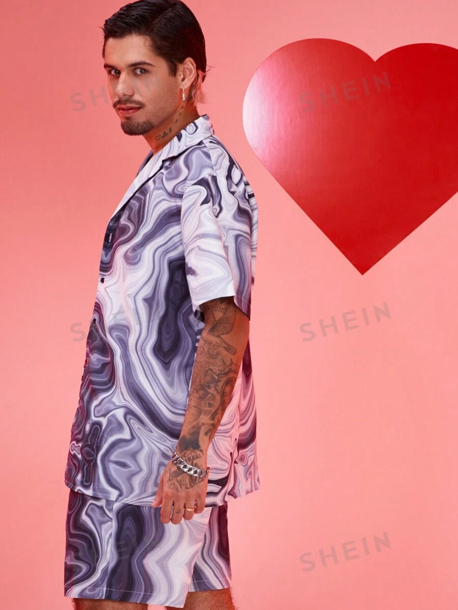 13875 1t-009 Conjunto de camisa con estampado de mármol y pantalones cortos con cintura ajustable con cordón