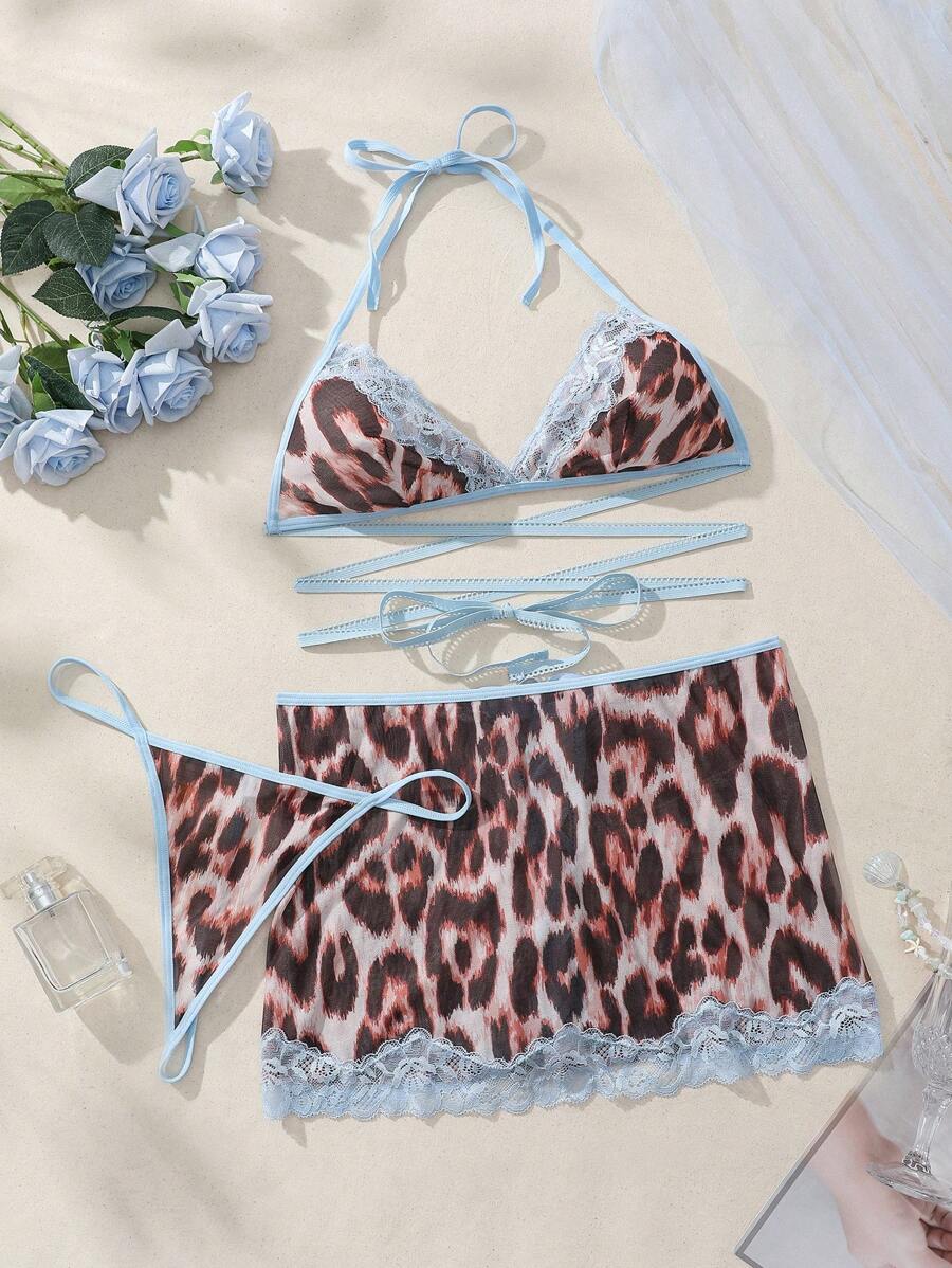 13752 1a-104 Conjunto de lencería de leopardo 3 Pzas