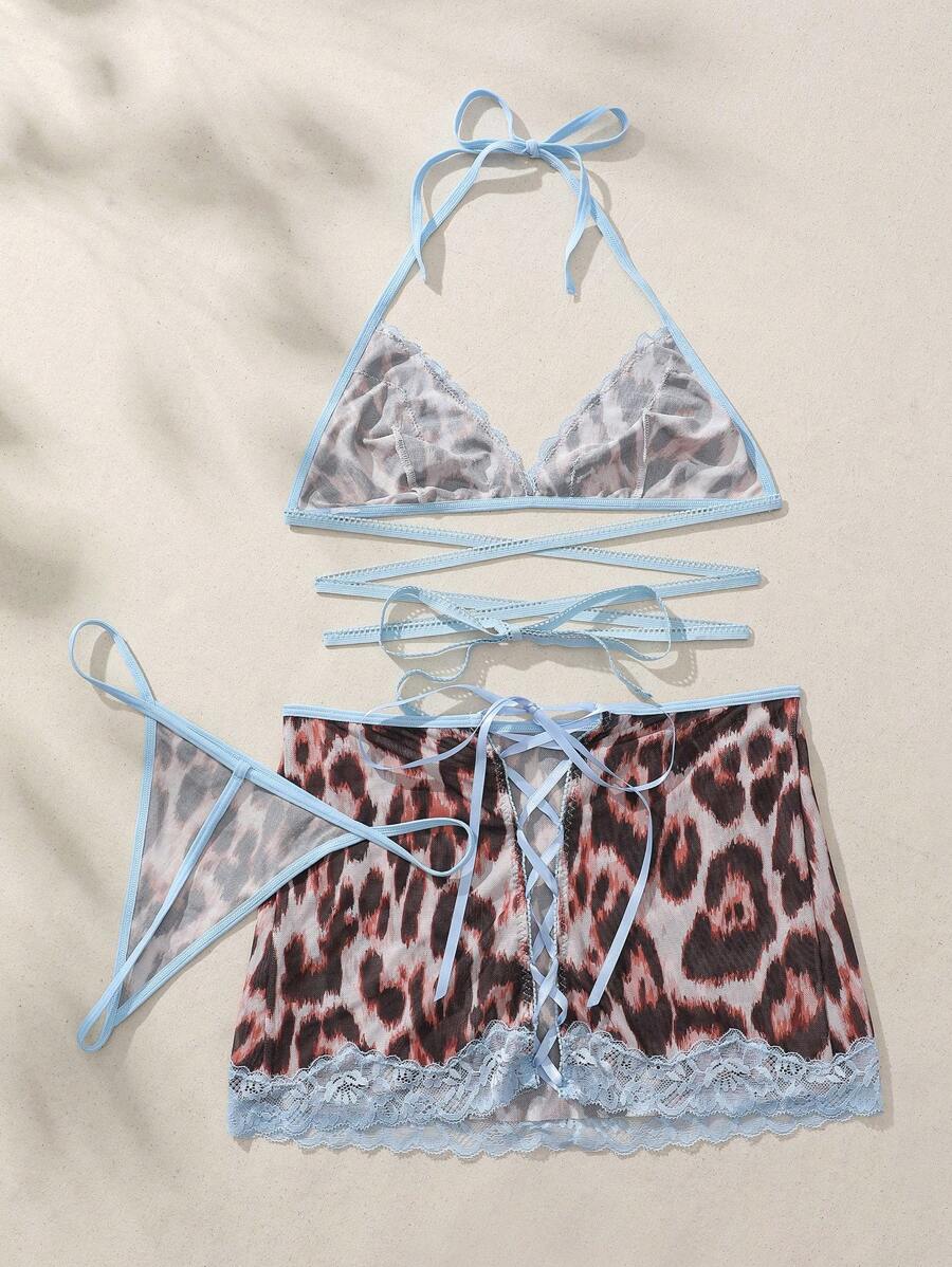 13752 1a-104 Conjunto de lencería de leopardo 3 Pzas