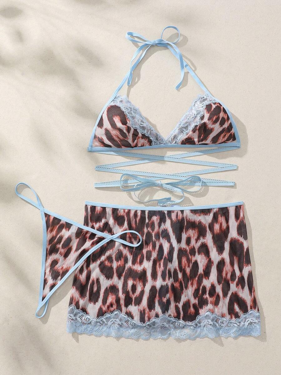 13752 1a-104 Conjunto de lencería de leopardo 3 Pzas