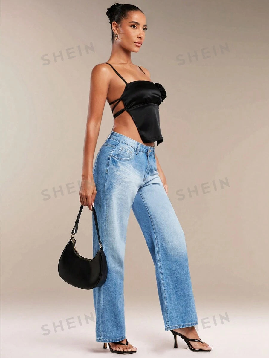 14827 1a-033 Camisole negra sexy de verano con decoración de flores en 3D