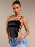 14827 1a-033 Camisole negra sexy de verano con decoración de flores en 3D