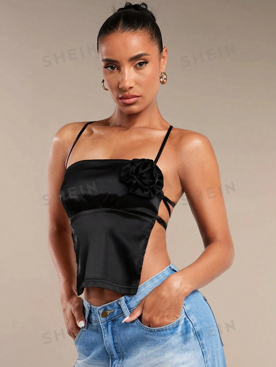 14827 1a-033 Camisole negra sexy de verano con decoración de flores en 3D