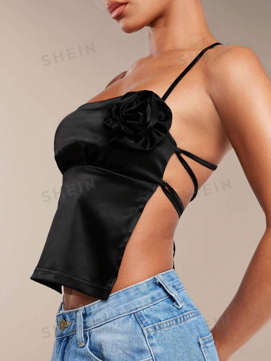 14827 1a-033 Camisole negra sexy de verano con decoración de flores en 3D