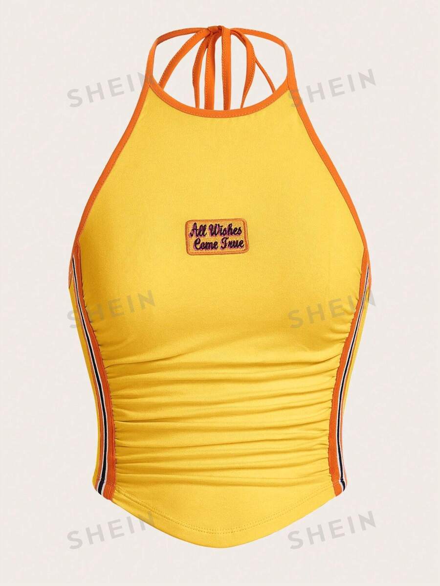 14705 2a-03-15 Top de verano sin mangas estilo halter con bordado de letras