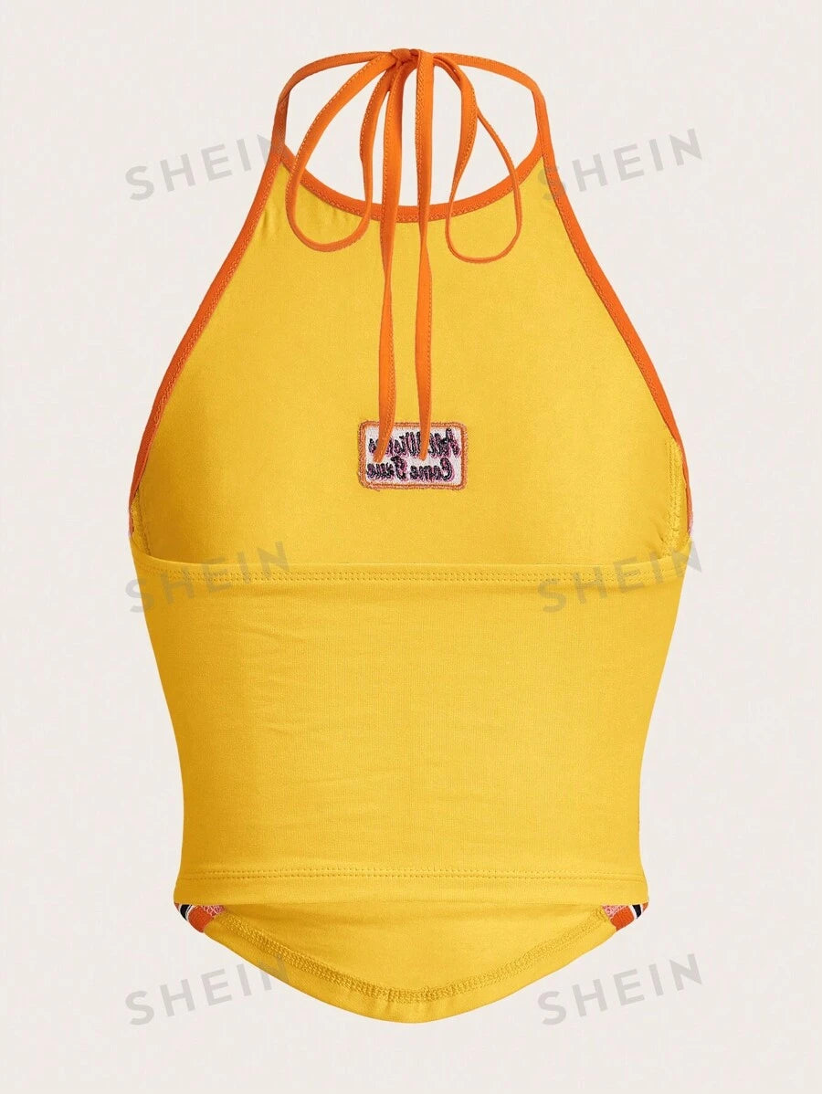 14705 2a-03-15 Top de verano sin mangas estilo halter con bordado de letras