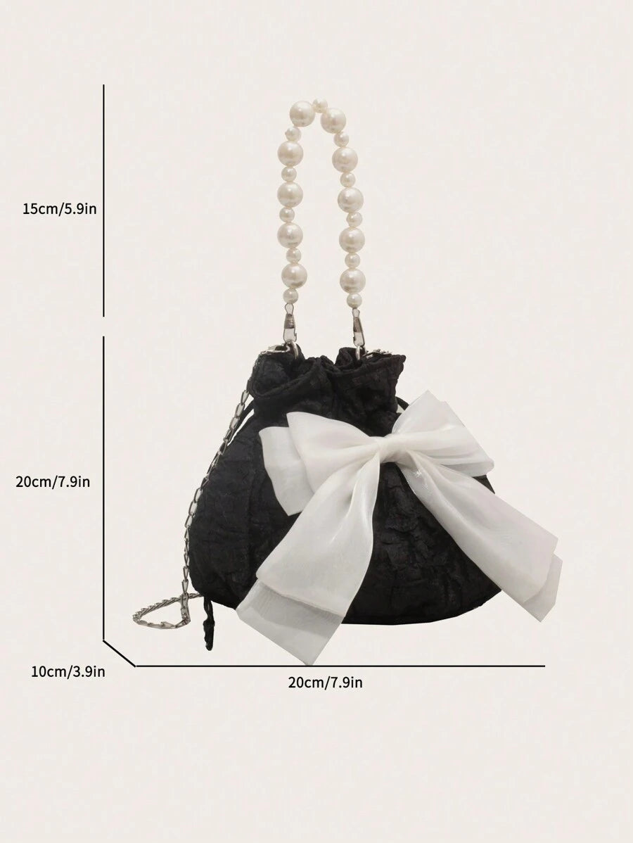14925 1t-002 Bolso mini de cubo de cadena texturizada con decoración de perlas artificiales y lazo