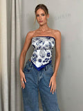 14934 2a-03-14 Camiseta de tirantes con estampado floral de color azul y blanco