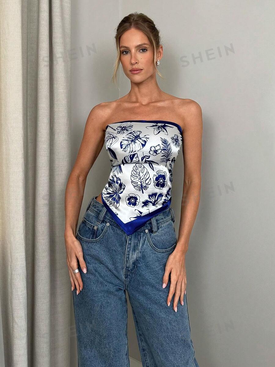 14934 2a-03-14 Camiseta de tirantes con estampado floral de color azul y blanco