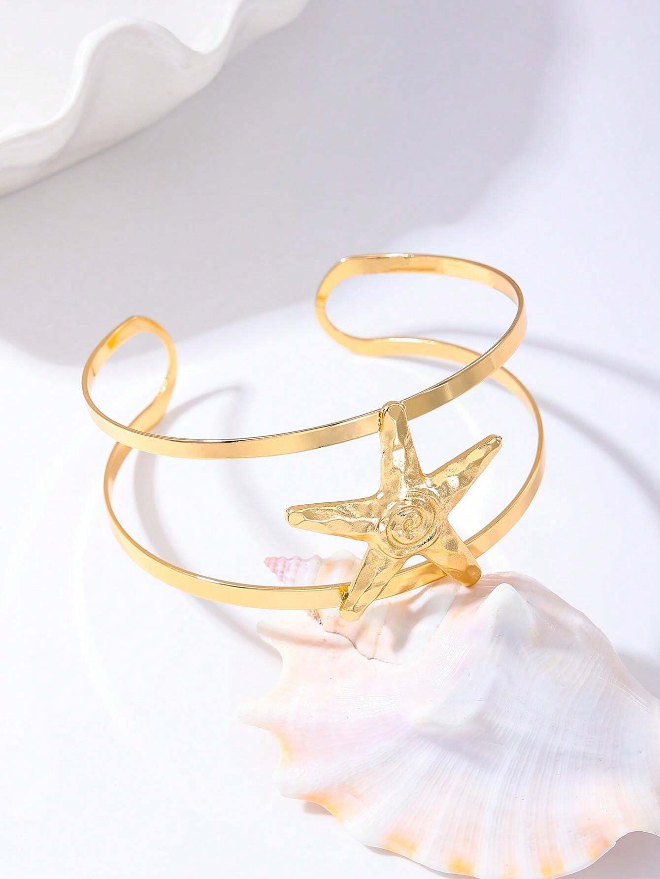 15177 1b-019 Brazalete de mujer de línea doble con estrella y estrella de mar abierto