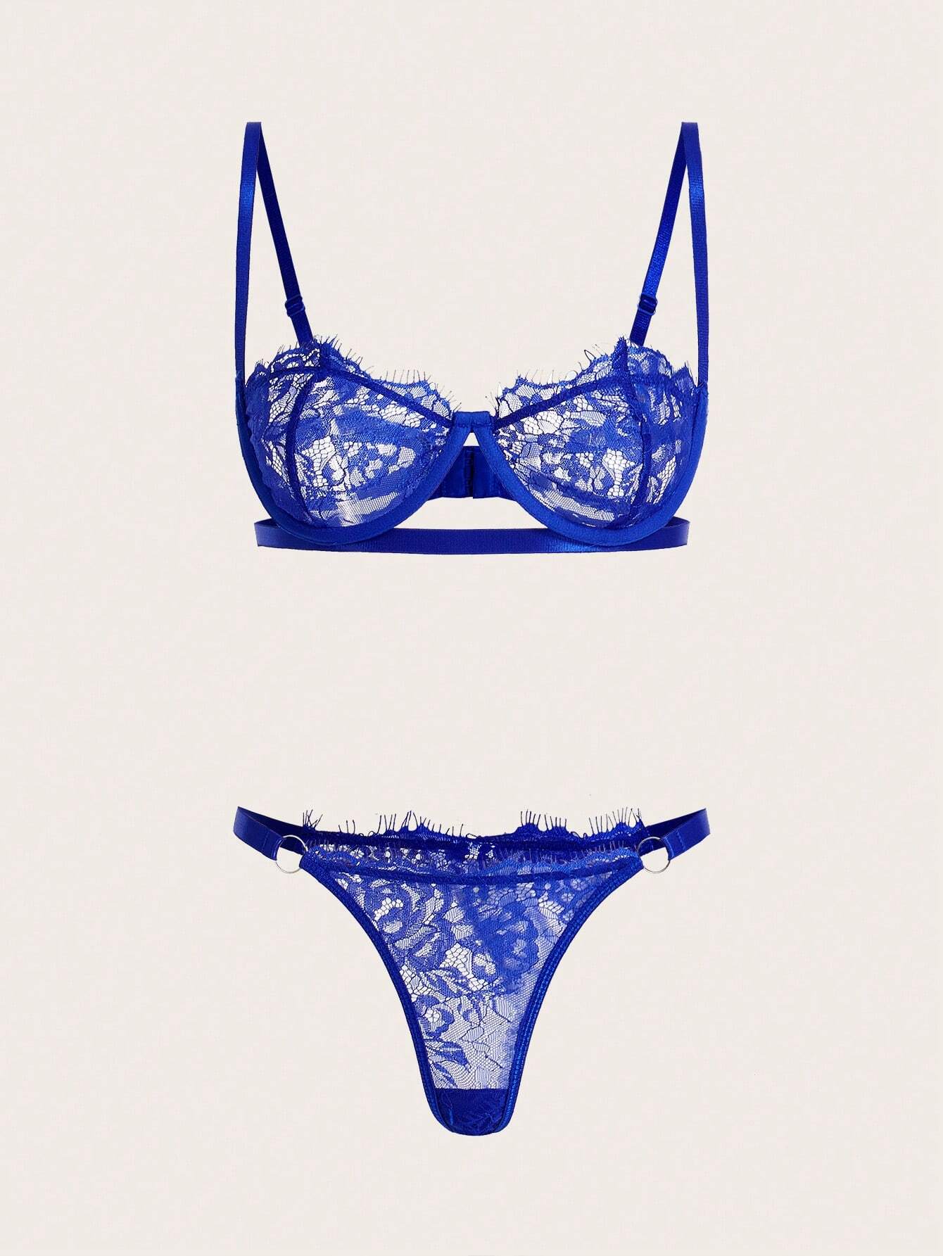 19944 1a-009 Conjunto de lencería con sujetador con aros y braga con encaje floral sexy 2Pzs