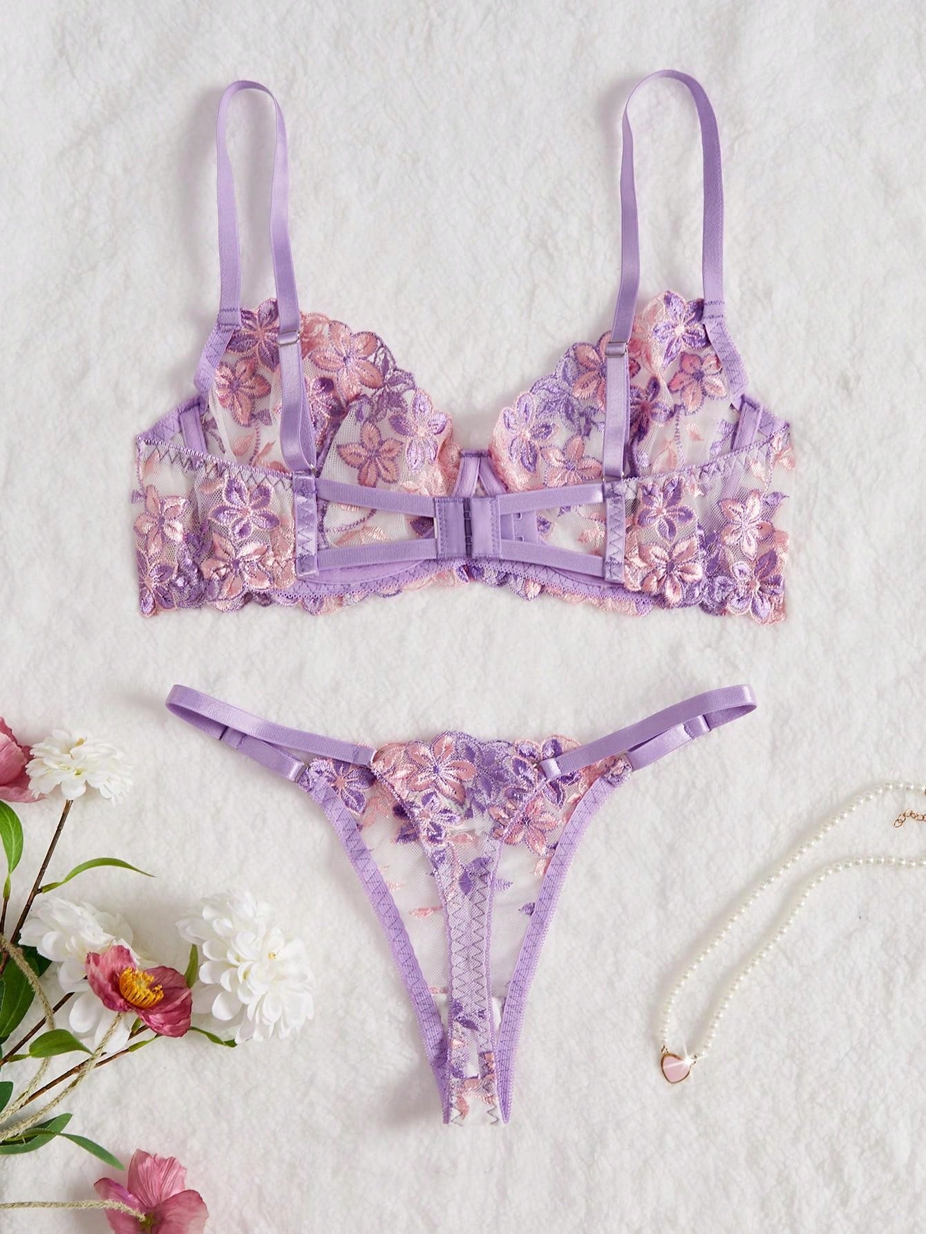 19299 ID-263 Conjunto de lencería floral de malla 2 Pzas