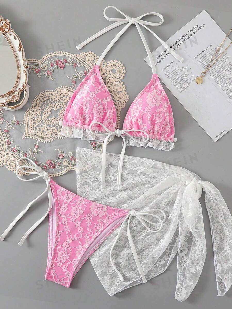 19908 1a-128 Traje de baño para mujer con tirantes de encaje 3Pzs