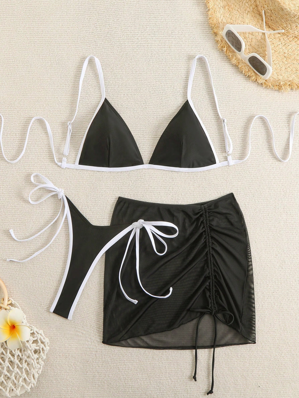 19798 1a-122 Bikini de vacaciones estilo vintage con vestido de playa de cordón con nudo lateral 3Pzs