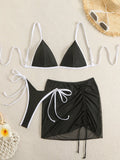 19798 1a-122 Bikini de vacaciones estilo vintage con vestido de playa de cordón con nudo lateral 3Pzs