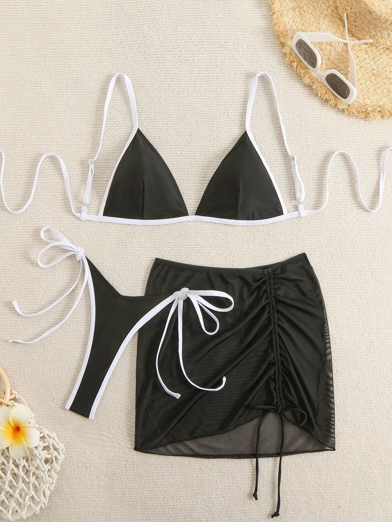19798 1a-122 Bikini de vacaciones estilo vintage con vestido de playa de cordón con nudo lateral 3Pzs