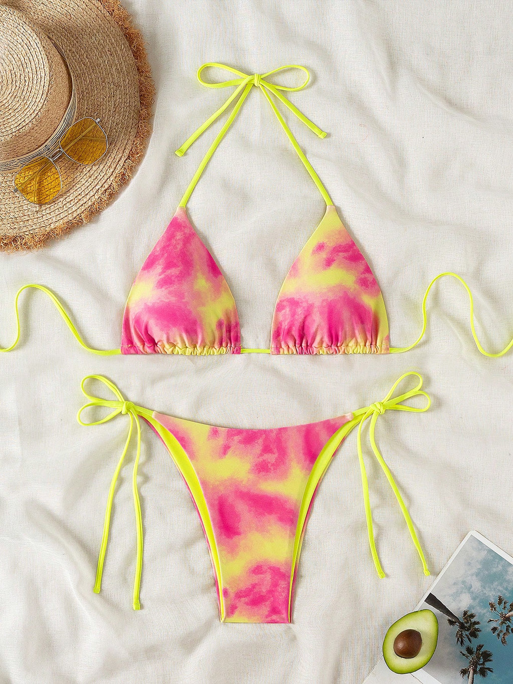 19767 1a-106  Conjunto de bikini bandeau y halter con estampado de teñido anudado para mujer 2pzs