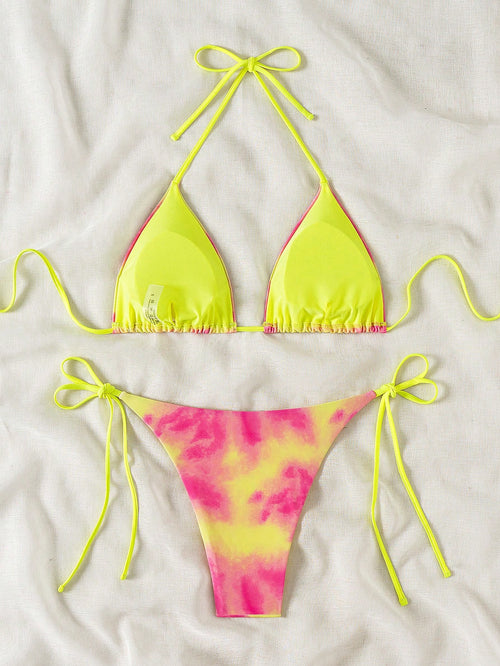 19767 1t-002  Conjunto de bikini bandeau y halter con estampado de teñido anudado para mujer 2pzs