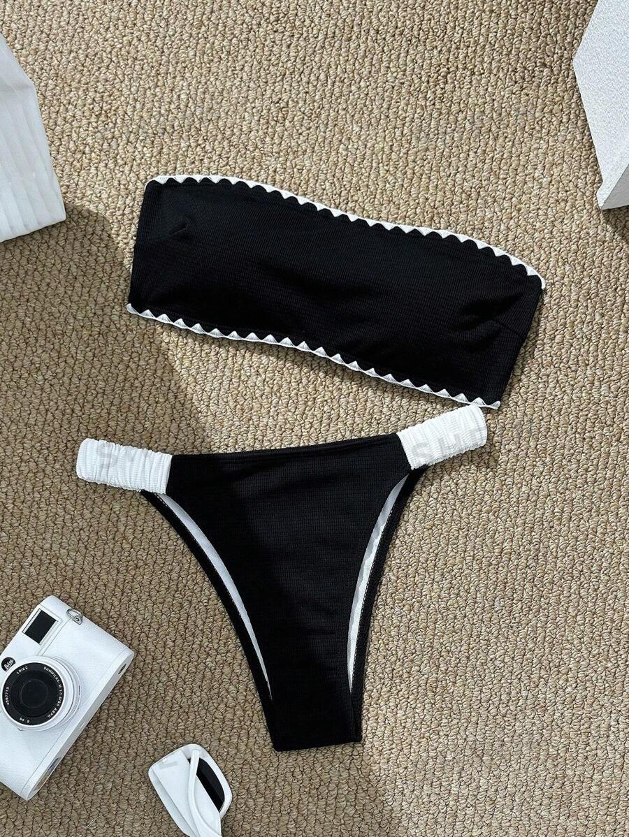19768 1a-106 Conjunto de bikini sin tirantes de unicolor simple para mujer 2Pzs