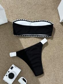 19768 1a-106 Conjunto de bikini sin tirantes de unicolor simple para mujer 2Pzs