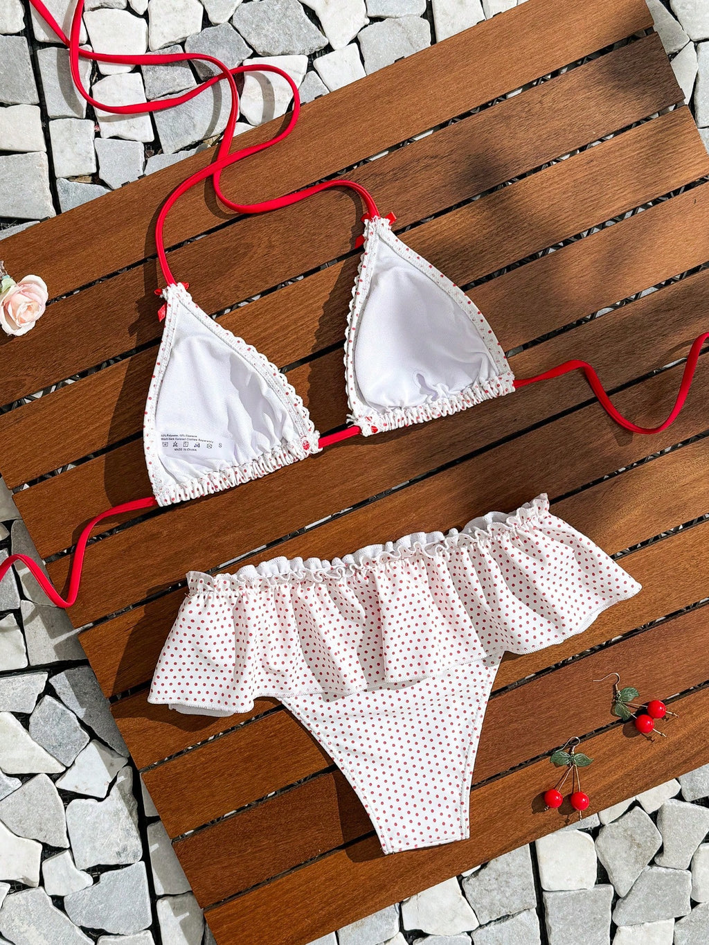 19910 1a-082 Bikini parte superior tipo triángulo de lazo mariposa con volantes y estampado de lunares 2Pzs